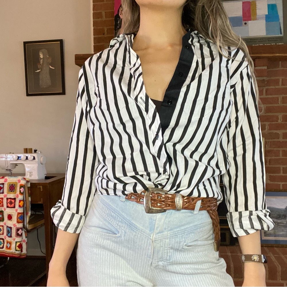 Vintage 80s Overviews Vertical Stripe Contrast Cuff Button Up Long Sleev…